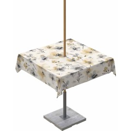 Watercolor Flowers Square Outdoor Tablecloth with Umbrella Hole and Zipper, Waterproof Botanical Beige Gray Floral Table Cloth Cover, Retro Farmhouse Table Protector for Patio Party Picnic 54"x54"