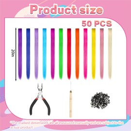 Children's Hair Strands, Colourful Hair Strands for Braiding and Cliping, 50 Pieces Coloured Hair Extensions Set with 100 Beads and Accessories, Ideal for Party and Cosplay