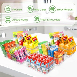 6 Pack Food Storage Organizer Bins Clear Plastic Removable Snack Organizer Pantry Organization Storage Racks with 3 Dividers, Kitchen, Cabinets Snacks, Packets, Spices, Pouches Stackable Bins