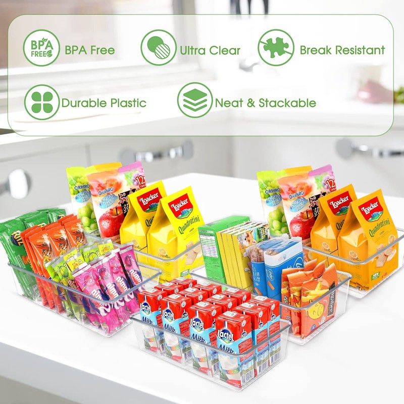 6 Pack Food Storage Organizer Bins Clear Plastic Removable Snack