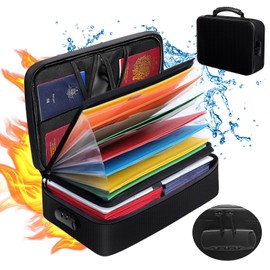 AXLORP Fireproof Document Box with Lock - Fireproof File Organizer Bag with 13 Pocket Accordion File Folder, Portable Fire Proof Waterproof Bag Safe for Important Documents Travel File Storage Case