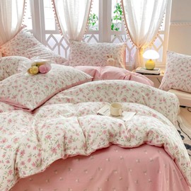 Freyamy Flower Bed Linen 135 x 200 cm 2-Piece White Green Pink Floral Girls Reversible Bedding Sets 100% Microfibre Floral Pattern Duvet Cover with Zip and Pillowcase 80 x 80 cm