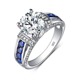 Luyona Moissanite Rings for Women 1 CT Round Cut Blue Wedding Ring Engagement Rings White Gold S925-Size B7