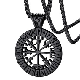 FaithHeart Viking Runes Compass Necklace, Norse Runes Vegvisir Symbol Neck Charm Black Steel Nordic Necklaces for Male Gents
