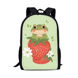 Fowototi Simple School Bag for Kids Strawberry Frog Backpack for Student Cute Print Large Capacity Bookbag with Adjustable Shoulder Straps Lightweight Sturdy Backpack for Boys Girls