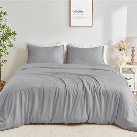 GOKOTTA Duvet Cover Set of 3, 100% Rayon Made from Bamboo, Soft Duvet Cover with Button Closure and Corner Ties, 2 Envelope Pillow Shams (Grey, Queen)