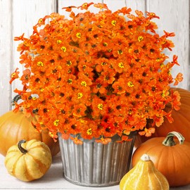 16 Bundles Artificial Mums for Outdoors Garden Home Decoration Fake Mums Decoration UV Resistant Fake Mums Silk Faux Flower Plastic Plants for Outside No Fade Fall Decor for Front Porch Pot Decor