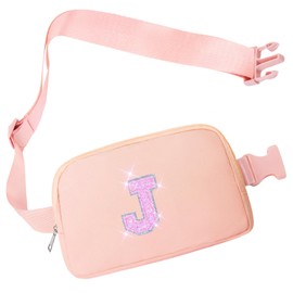 COSHAYSOO Pink Belt Bag Small Waist Fanny Pack Crossbody Purse with Initial Letter Patch for Teen Girl Women, Nylon Cross Body Travel Chest Pouch Trendy Practical Christmas Gift (J)