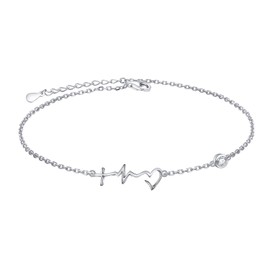 DAOCHONG 925 Sterling Silver Adjustable Foot Chain Boho Beach Jewelry Cross Heartbeat and Heart Ankle Bracelet Faith Hope Love Anklets for Women Jewelry (09_Faith Hope Love_)