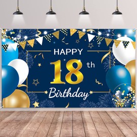 18th Birthday Banner Blue Gold, BTZO 18th Birthday Boys, Decoration 18th Birthday Girls, 18th Birthday Background Banner for 18th Party Birthday Decoration