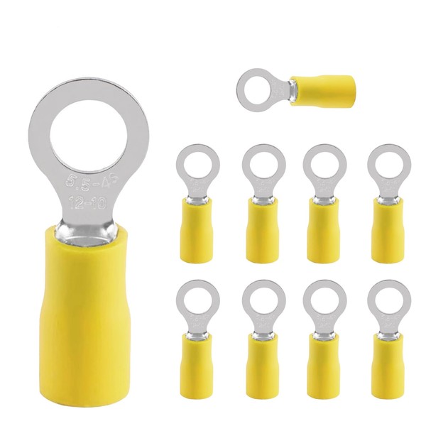 Pack of 10 Ring Terminals, Partially Insulated Crimp Connectors, Cable