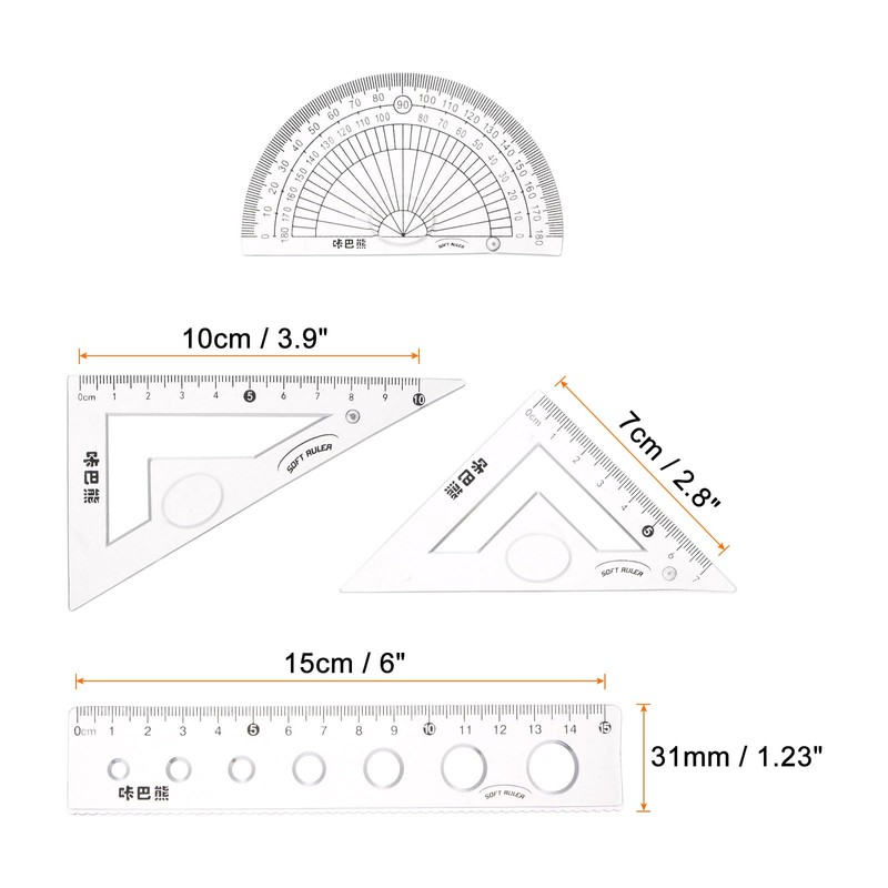 HARFINGTON 8piece Math Ruler Set 15cm Soft Straight Ruler Protractor