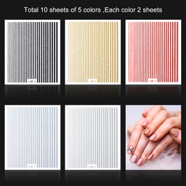 HINZIC 10 Sheets 3D Glitter Lines Nail Stickers Holographic Nails Art Stickers Colorful Metal Stripe Nail Decals Self Adhesive Geometric for Women Girls French Tip Manicure DIY Supplies