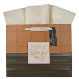 Christian Art Gifts Large Landscape Inspirational Scripture Gift Bag, Tag & Wrapping Tissue Paper Set for Grads: Wherever You Go Encouraging Bible Verse, Satin Handles, Charcoal/Light Brown w/Gold