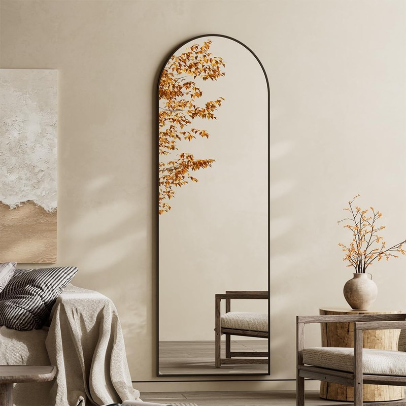 Koonmi Arched Full Length Mirror, 65"x24" Arched Black Floor Mirror,