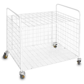 MyGift Professional Gym White Metal Multi Sports Ball Storage Cart with Jumbo Industrial Wheels, Commercial Grade Portable Equipment Locker Cage for Basketball, Football, Soccer, Volleyball