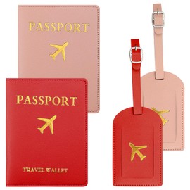 Rumyve 2PCS Luggage Tags and Passport Holder Adjustable Straps PU Leather Travel Accessories for Preventing Lost Luggage (Red, Pink)