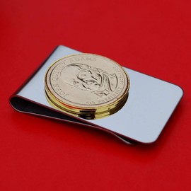 US 2008 Presidential Dollar BU Unc Coin Stainless Steel Gold Silver Two Tone Money Clip NEW - John Quincy Adams (1825−1829 Years Served)