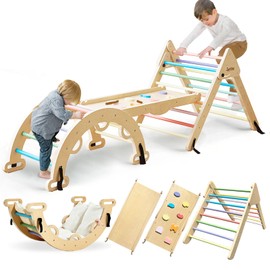 JoyLike Foldable Pikler Triangle Set with Cushion, 8-in-1 Montessori Kids Jungle Gym Indoor Climbing Toys, Large Wooden Climbing Toys for Toddlers 1-3 Inside, Indoor Playground for Baby and Kids