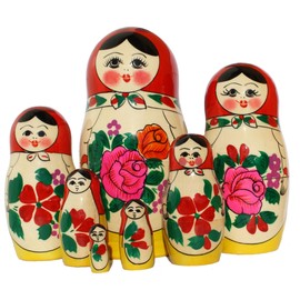 Semenovskay Rospis Original Russian Matryoshka Dolls Babushka Wooden Dolls Classic Set in 7 Figures (7 Dolls 16 cm Red Cloth)