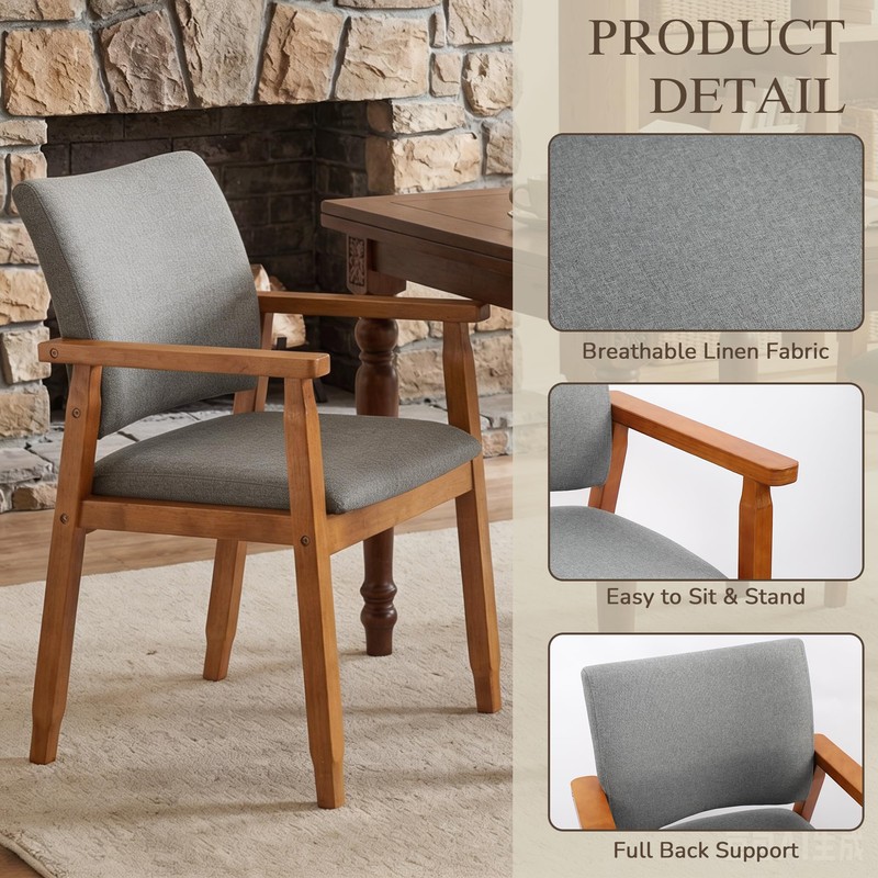 GOTMINSI Mid-Century Modern Linen Dining Chair with Arms, Solid Wood