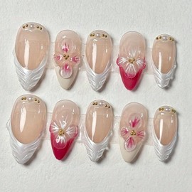 Handmade Press on Nails Medium Length Almond Flower Fake Nails French Tip False Nails 3D Ripple Pearls Designs Full Cover Artificial Nails Summer Nail Art Stick on Nail for Women DIY 10Pcs (L)