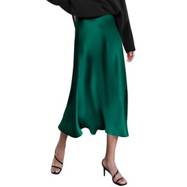 Zeagoo Women's Satin Skirt, Long High-Waisted Skirt, Elegant Silk Midi Skirt, Autumn/Winter Midi Business Skirt with Zip, dark green