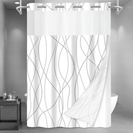 LXBNI No Hook Grey White Striped Long Shower Curtain with Snap in Liner Set - Hotel Shower Curtain and Liner Set with See Through Mesh Top Window,Machine Washable, 71x86 INCH