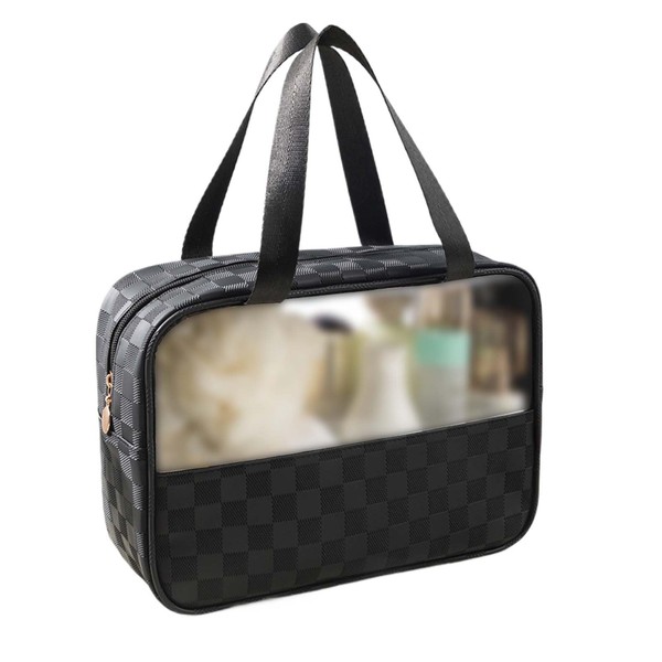 Gevlonecirly Makeup Pouch, Large Capacity, PU Leather, Plaid, Storage Pouch, Makeup Bag, Storage Bag, Fashionable, Translucent, Multifunctional, Portable, Cosmetic Bag, Washroom, Waterproof, Travel,