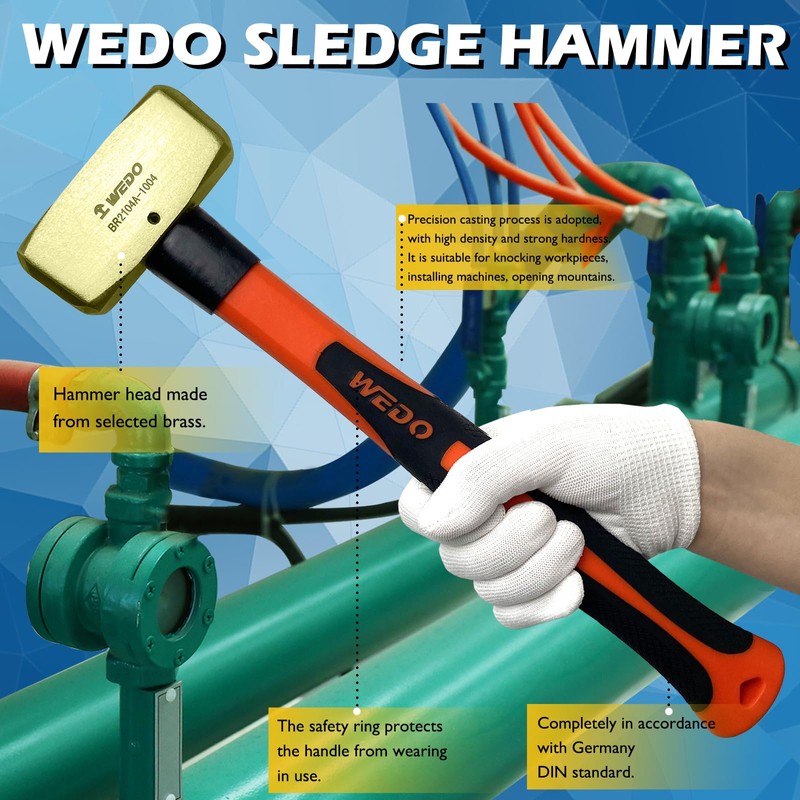 WEDO Brass Sledge Hammer 3 lb, Club Hammer with Fiberglass