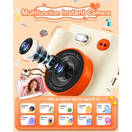 Children's Instant Camera, 1080P HD Instant Camera with 32GB Card & 3 Rolls of Printing Paper, Digital Camera Children with Coloured Pens, Gifts for Boys and Girls 3-12 Years
