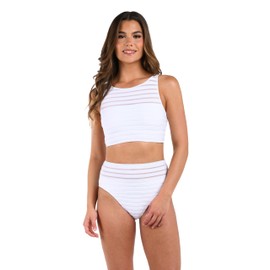 La Blanca Women's High Neck Midkini Swimsuit Top, White//Fluid Lines, 12