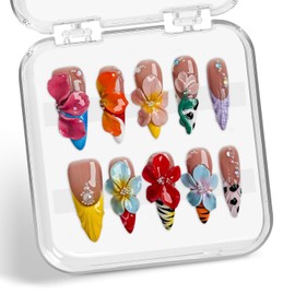 Flower Press on Nails French Medium Almond Acrylic Nail 3D Colorful Floral Design Rhinestone Handmade Press on Nails Reusable Full Cover Thick False Nail Stick on Nails for Women（Size M)