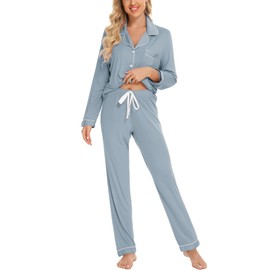 Leikar Women's Mist Blue Long Sleeve Pajama Set; Button Up, Comfy Loungewear; S, M, L, XL, XXL; Perfect for Sleeping, Loungewear, Home Wear, Boudoir, Wedding, Pajama Party