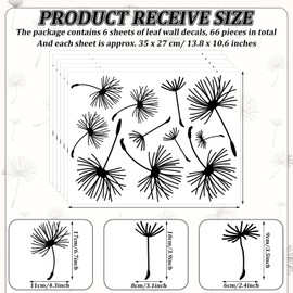 66 Pcs Wall Decals Peel and Stick Dandelion Wall Stickers Metallic Flower Murals Floral Decor Sticker for Bedroom Bathroom Living Room Nursery Office Decor(Black,6 Pcs)