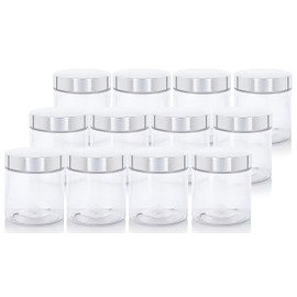 JUVITUS (12 pack) 12 oz Clear Plastic Jar with Silver Metal Overshell Lid