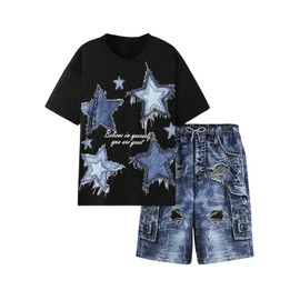 BEAUDRM Boy's 2 Piece Outfits Star Print Short Sleeve Shirts and Elastic Waist Denim Shorts Sets Multicolor 16Y