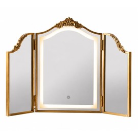 Antique Gold Triple Fold Makeup Mirror, 31x23 Inch Baroque Vintage Vanity Mirror, Tri-Color Dimmable LED Touch Lighted Mirror, Foldable Bohemian Decor for Bedroom Dressing Room