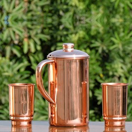 Copper Jug and 2 Tumblers for Ayurveda Health Benefit, Pure Copper with 2 Copper Mugs