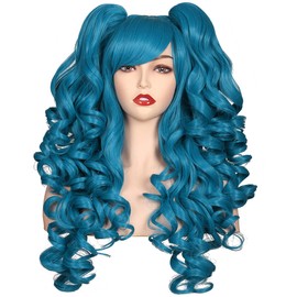 ColorGround Long Curly Cosplay Wig with 2 Ponytails (Azure Blue)…