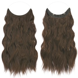 FESHFEN Invisible Wire Hair Extensions Adjustable Size Synthetic Hair Piece Long Wavy Secret Headband Hairpieces for Women, Chestnut Brown 20 inch