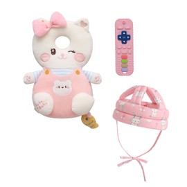PLOVZ Baby Head Protector Backpack Head Protection Pillow, Baby Helmet for Crawling Walking and Baby Teething Toys 3Pcs Set(Pink Kitten)