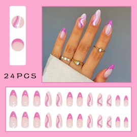 Short Press on Nails French Fake Nails Swirl Design Stick on Nails Full Cover Acrylic Nails Red Square Glue on Nails Cute Short Nails Spring Summer Static False Nails for Women 24Pcs