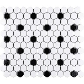 Tenedos USCT Hexagon 1x1 White with Black Dots Hex Porcelain Mosaic Floor Wall Tile Backsplash Matte Look for Kitchen, Bathroom Shower, Accent Wall, Fireplace
