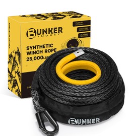 BUNKER INDUST 3/8" x 100' Synthetic Winch Rope,25000LBS Winch Cable with Protective Sleeve 100ft Winch Line Replacement for Off-Road Vehicle SUV Truck, Black