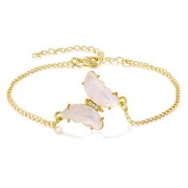 LWQQWL Pink Quartz Butterfly Bracelet Natural Healing Stone Crystal Bracelet with Adjustable Chain Cute Bracelets for Women Christmas Birthday Gifts