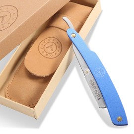 Best Shavette Straight Razor - Replaceable Blade Straight Razor, Metal Handle Shavette, No Stropping or Honing Needed, Great For Beginners, Starter Blade, Hygienic, Close Shave, Leather Case (Blue)