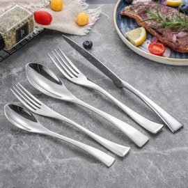 Lemeya 20-Piece Silverware Set for 4,Heavy Duty 18/10 Stainless Steel Cutlery Set with Forged Stand Knife,Modern Flatware Utensils Set,Forks Spoons and Knives Set,Mirror Polished,Dishwasher Safe