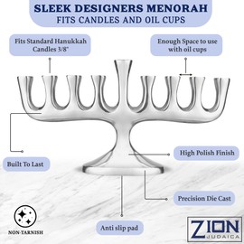 Zion Judaica Stunning Sleek Designers Menorah for Hanukkah High Polished Traditional Candle and Oil Chanukiah Classic Chanukah Minorah