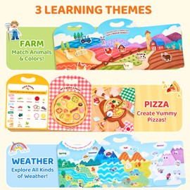 JoyCat 3 Pack Reusable Sticker Books: Farm, Pizza-Making, Weather - 90 Pcs Stickers for Toddlers, Kids Sticker Plane Activities, Road Trip Travel Toys, Birthday Gifts for Boys and Girls